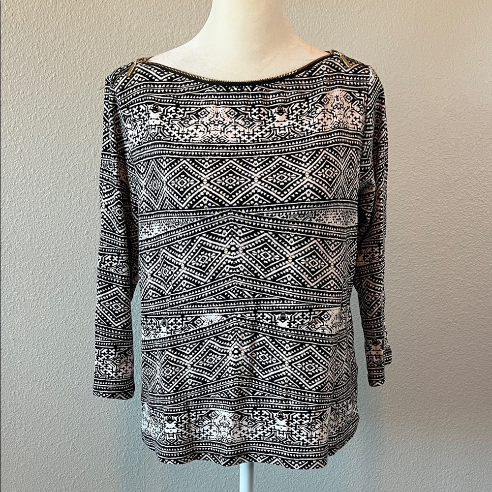 Rafaella Black/White Abstract Print 3/4 Sleeve TShirt Size Med Petite